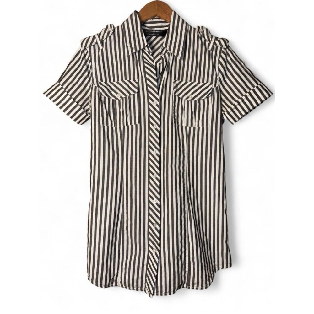 Norma Kamali Black White Striped Shirt Dress Boyfriend Style Short Sleeve Sz M